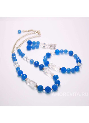 Комплект украшений из Агата и Горного хрусталя (бусы, браслет, серьги)