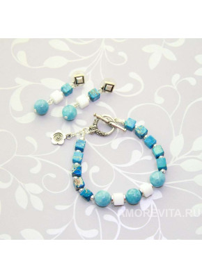 Комплект из Варисцита, Аквамарина и шпата (браслет, серьги)