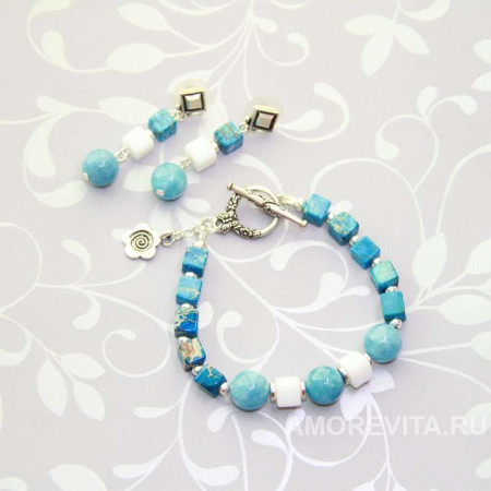 Комплект из Варисцита, Аквамарина и шпата (браслет, серьги) Комплект из Варисцита, Аквамарина и шпата (браслет, серьги)