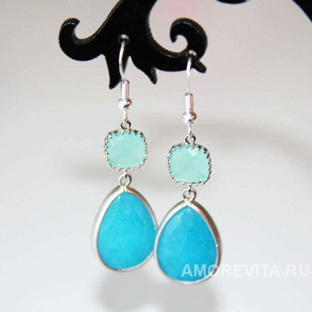 Серьги двойные бирюзовые с натуральным Жадеитом Серьги двойные бирюзовые с натуральным Жадеитом