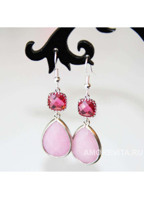 Серьги двойные розовые с натуральным Жадеитом