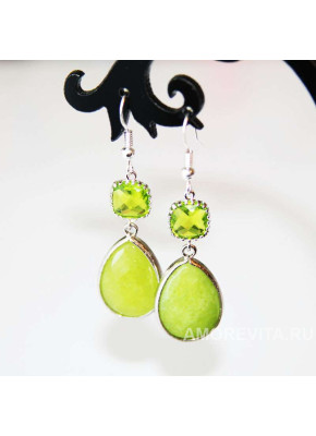 Серьги двойные зеленые с натуральным Жадеитом