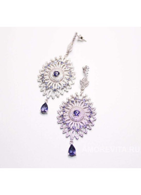 Серьги крупные с натуральным Иолитом и фианитами