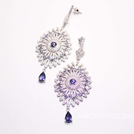 Серьги крупные с натуральным Иолитом и фианитами