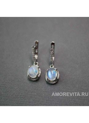 Серьги с натуральным Лунным камнем и фианитами