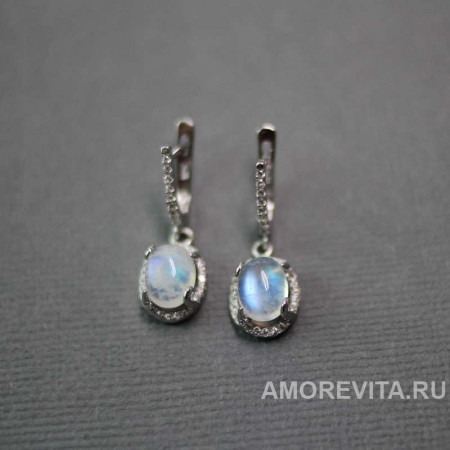Серьги с натуральным Лунным камнем и фианитами Серьги с натуральным Лунным камнем и фианитами