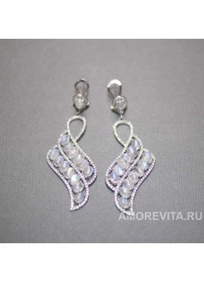Серьги крупные с натуральным Лунным камнем и фианитами