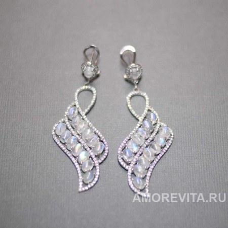 Серьги крупные с натуральным Лунным камнем и фианитами
