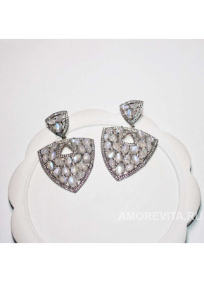 Серьги крупные №2 с натуральным Лунным камнем и фианитами