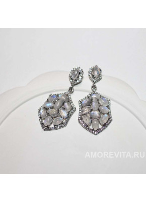 Серьги небольшие с Лунным камнем и фианитами