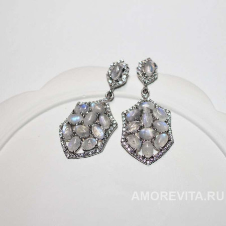 Серьги небольшие с Лунным камнем и фианитами