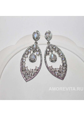 Серьги крупные №3 с натуральным Лунным камнем и фианитами