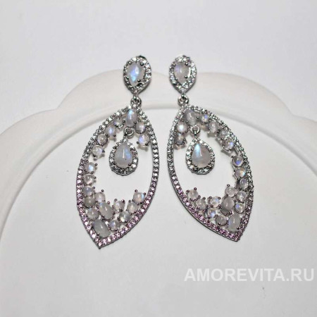 Серьги крупные №3 с натуральным Лунным камнем и фианитами Серьги крупные №3 с натуральным Лунным камнем и фианитами