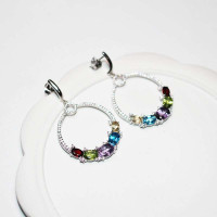 Серьги-кольца с натур.камнями - Аметист, Гранат, Перидот, Цитрин, Топаз