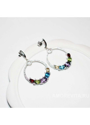 Серьги-кольца с натур.камнями - Аметист, Гранат, Перидот, Цитрин, Топаз