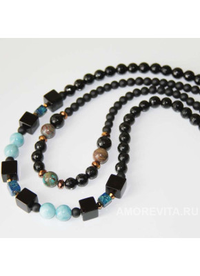 Двойное колье из Агата, Шунгита, Ларимара и Варисцита