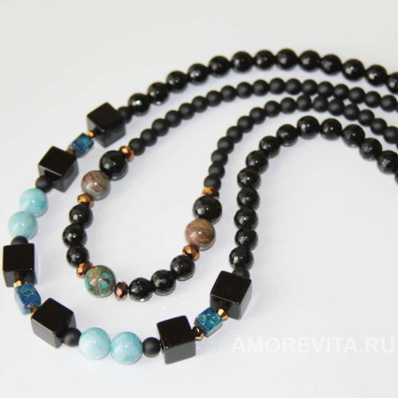 Двойное колье из Агата, Шунгита, Ларимара и Варисцита Двойное колье из Агата, Шунгита, Ларимара и Варисцита