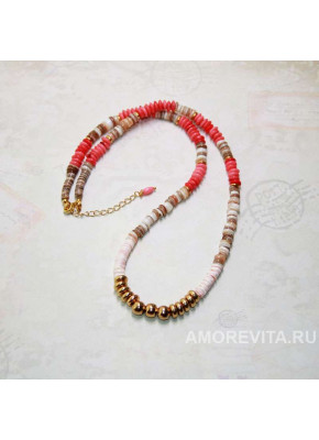 Колье-браслет из филиппинских ракушек и розового Коралла