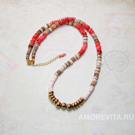 Колье-браслет из филиппинских ракушек и розового Коралла