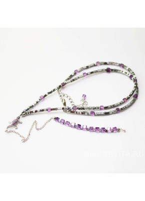 Длинное колье из Аметиста и Гематита с ящерицей