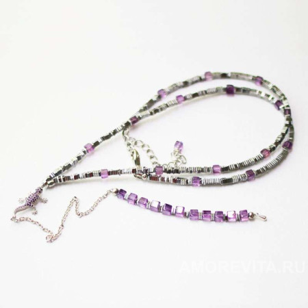 Длинное колье из Аметиста и Гематита с ящерицей