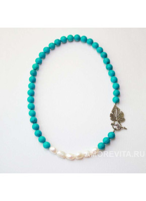 Бусы из Бирюзы и Жемчуга с замком в виде виноградного листа