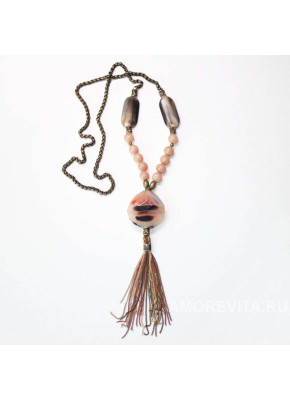 Длинное колье из Агата, Олигоклаза и натурального рога, на цепочке