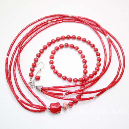 Длинное колье из красного Коралла и Гематита