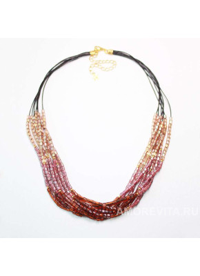 Бусы из бисера, розово-терракотовые, на кожаных шнурках