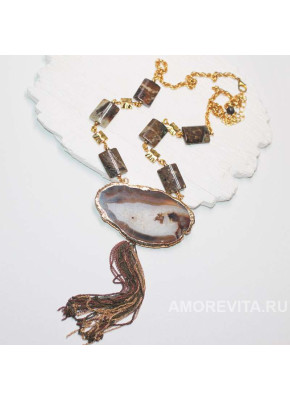 Колье из Яшмы и крупного Агата с подвеской из цепочек