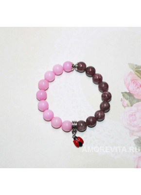 Браслет из Турмалина и Агата с подвеской божьей коровкой
