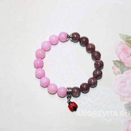 Браслет из Турмалина и Агата с подвеской божьей коровкой