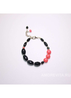 Браслет из черного Агата и розового Коралла