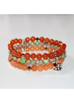 Браслет тройной - Варисцит и Агаты с подвеской собачкой