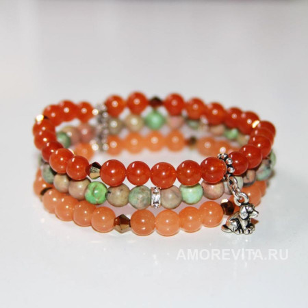 Браслет тройной - Варисцит и Агаты с подвеской собачкой