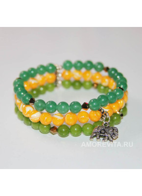 Браслет тройной - Перламутр и Агаты с подвеской слоником