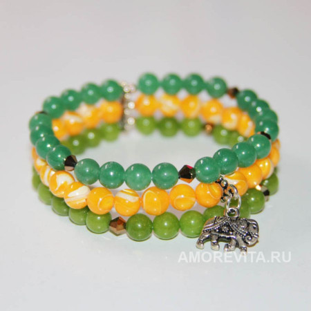 Браслет тройной - Перламутр и Агаты с подвеской слоником