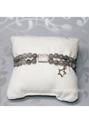 Двойной браслет из Лабрадора с бусиной, усыпанной цирконами