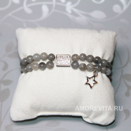 Двойной браслет из Лабрадора с бусиной, усыпанной цирконами Двойной браслет из Лабрадора с бусиной, усыпанной цирконами