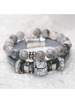 Комплект браслетов из серой кожи и Кварца