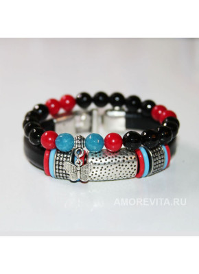 Комплект браслетов из черной кожи и Агата с Кораллом