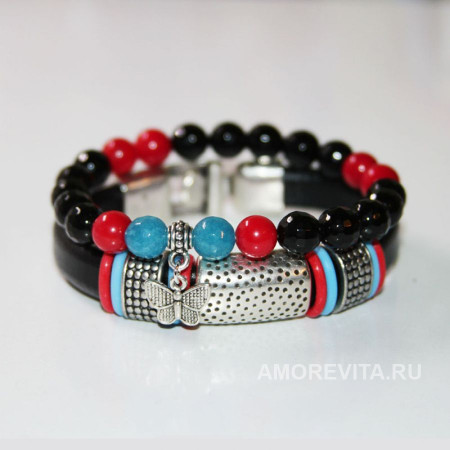 Комплект браслетов из черной кожи и Агата с Кораллом Комплект браслетов из черной кожи и Агата с Кораллом