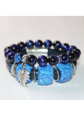 Комплект браслетов из синей кожи и Селенита