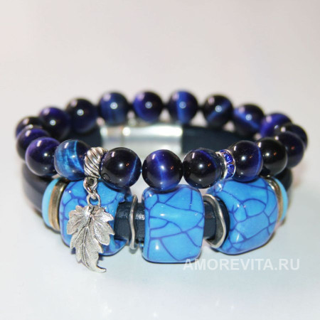 Комплект браслетов из синей кожи и Селенита