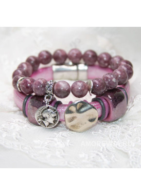 Комплект браслетов из розовой кожи и Турмалина