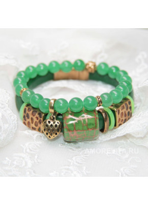 Комплект браслетов из зеленой кожи и Нефрита