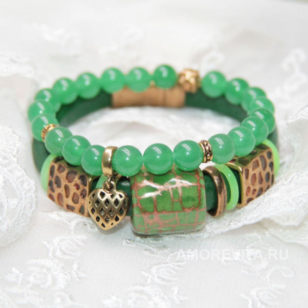 Комплект браслетов из зеленой кожи и Нефрита Комплект браслетов из зеленой кожи и Нефрита