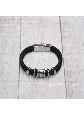 Браслет кожаный двойной плетеный черный