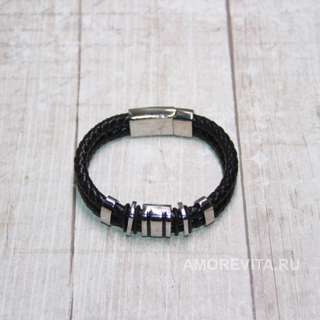 Браслет кожаный двойной плетеный черный Браслет кожаный двойной плетеный черный