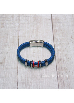 Браслет кожаный двойной плетеный синий